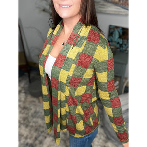 Plaid Asymmetrical Open Front Cardigan Sweater Suede Patch Elbow Long Sleeve S