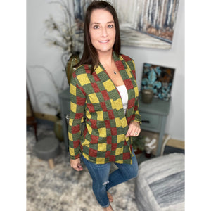 Plaid Asymmetrical Open Front Cardigan Sweater Suede Patch Elbow Long Sleeve S