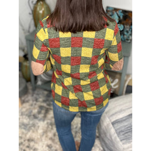 Plaid Asymmetrical Open Front Cardigan Sweater Suede Patch Elbow Long Sleeve S