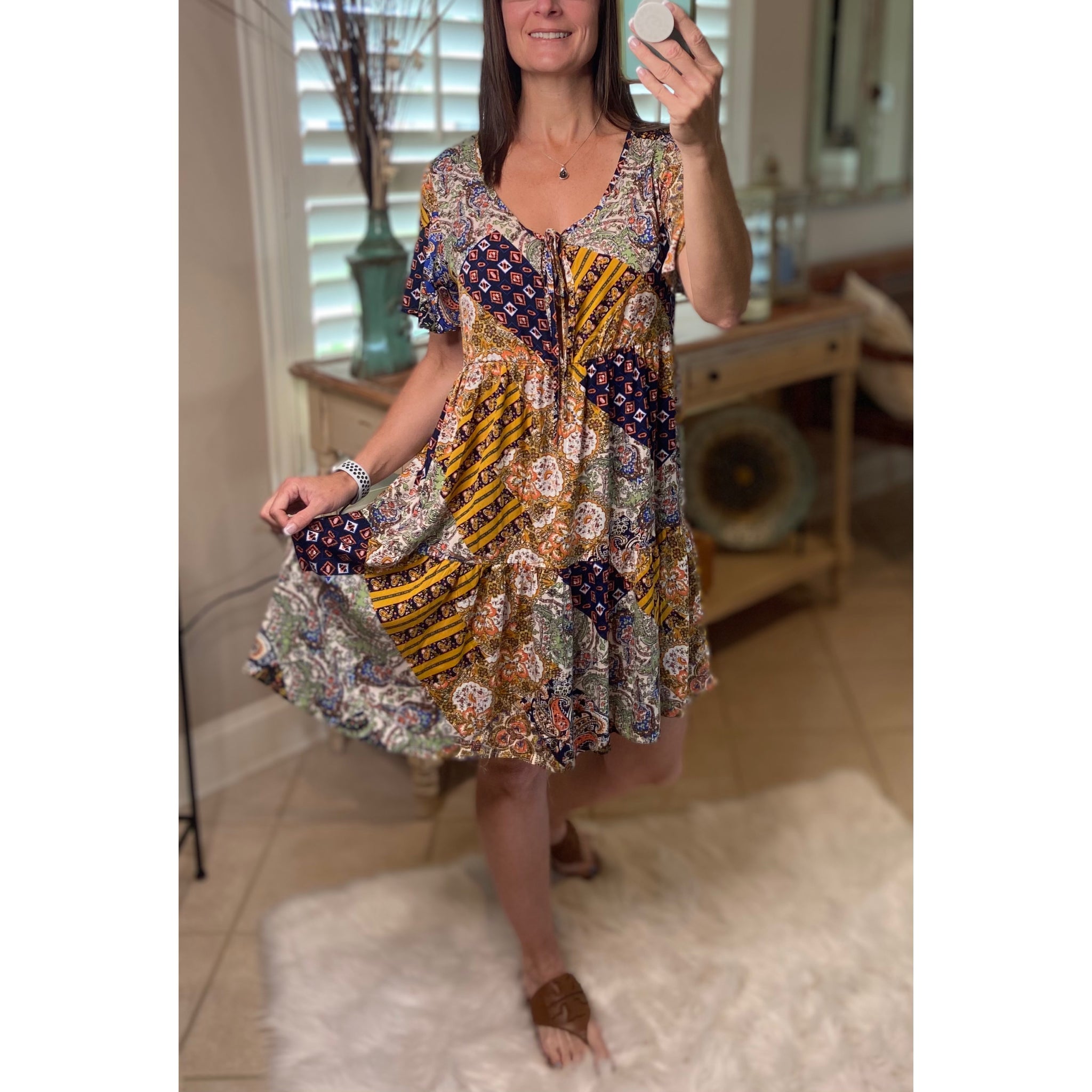 “Free Bird” Boho Patchwork Floral V-Neck Tie Keyhole Short Sleeve Babydoll Chic Dress Navy Blue S/M/L/XL