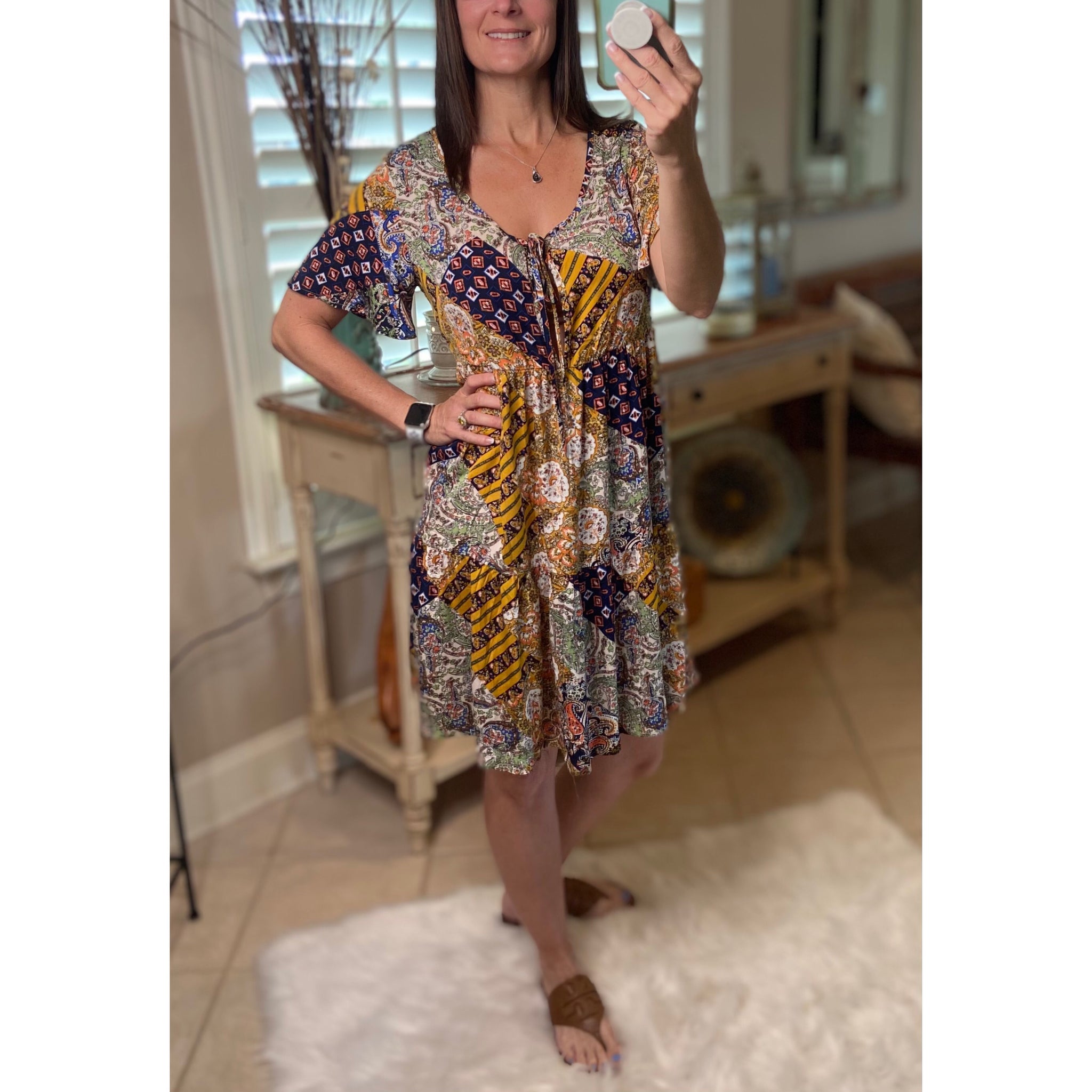 “Free Bird” Boho Patchwork Floral V-Neck Tie Keyhole Short Sleeve Babydoll Chic Dress Navy Blue S/M/L/XL