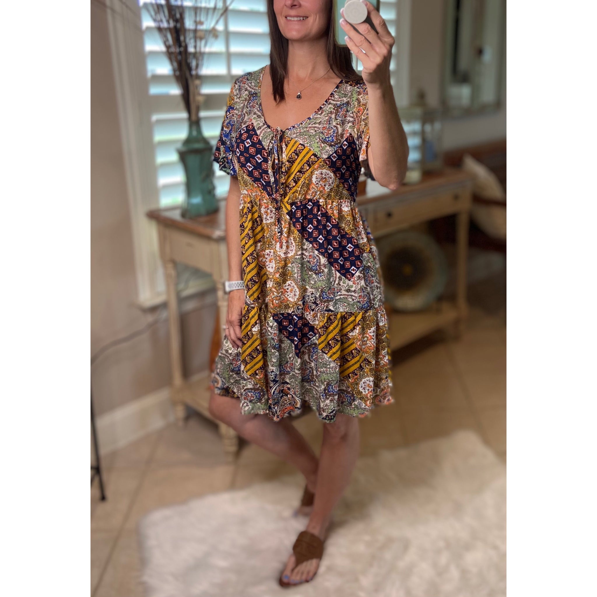 “Free Bird” Boho Patchwork Floral V-Neck Tie Keyhole Short Sleeve Babydoll Chic Dress Navy Blue S/M/L/XL