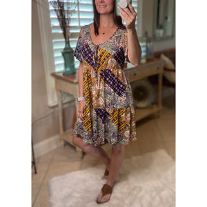 “Free Bird” Boho Patchwork Floral V-Neck Tie Keyhole Short Sleeve Babydoll Chic Dress Navy Blue S/M/L/XL