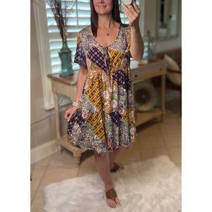 “Free Bird” Boho Patchwork Floral V-Neck Tie Keyhole Short Sleeve Babydoll Chic Dress Navy Blue S/M/L/XL