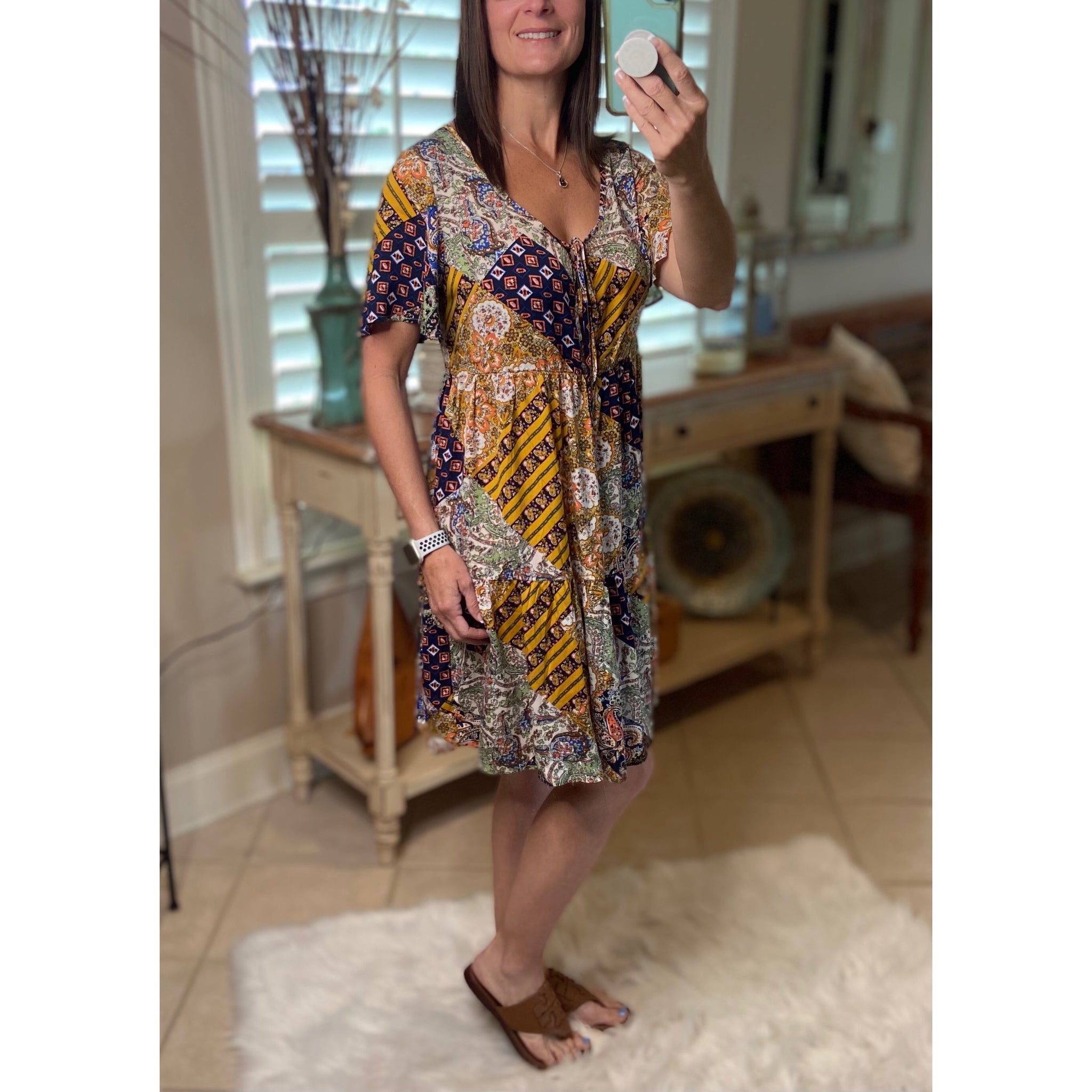 “Free Bird” Boho Patchwork Floral V-Neck Tie Keyhole Short Sleeve Babydoll Chic Dress Navy Blue S/M/L/XL