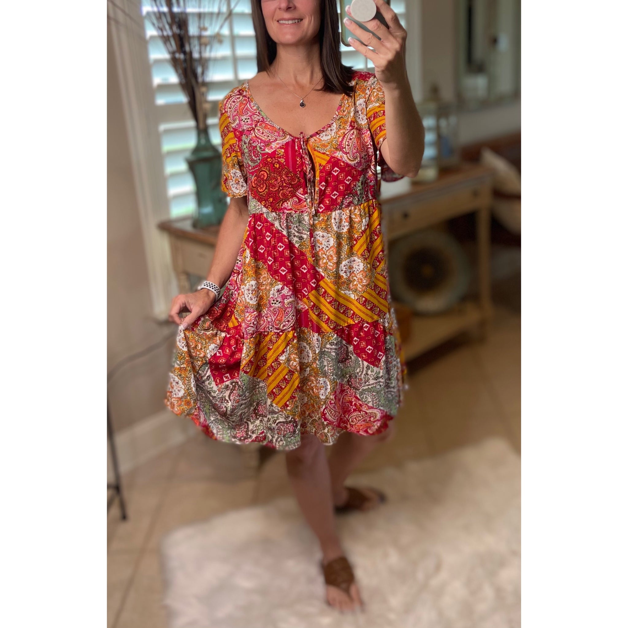“Free Bird” Boho Patchwork Floral V Neck Tie Keyhole Short Sleeve Babydoll Chic Dress Red
