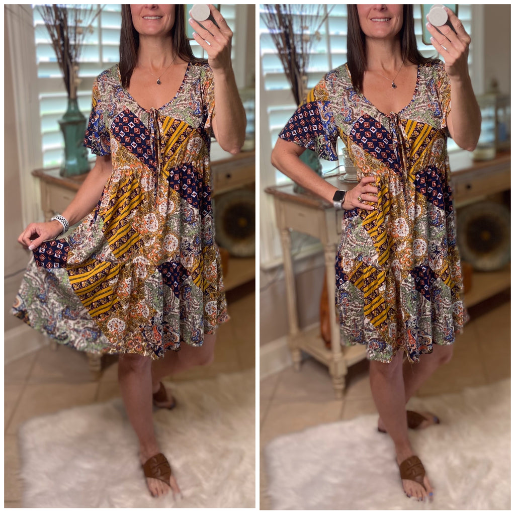 “Free Bird” Boho Patchwork Floral V Neck Tie Keyhole Babydoll Chic Dress Festival Navy Blue