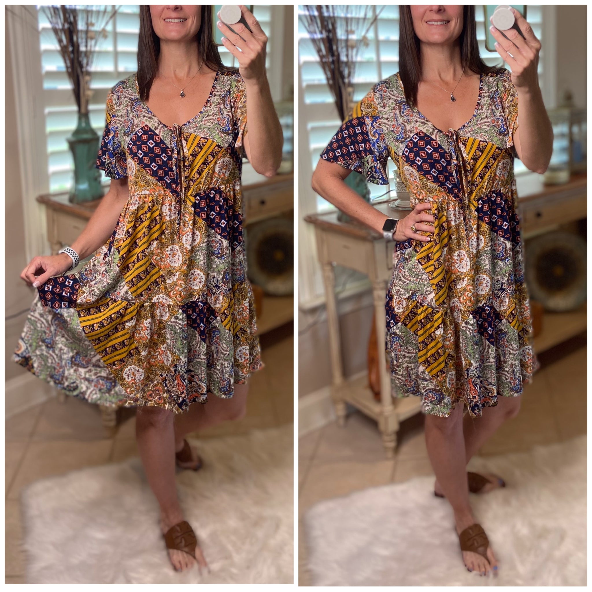 “Free Bird” Boho Patchwork Floral V-Neck Tie Keyhole Short Sleeve Babydoll Chic Dress Navy Blue S/M/L/XL