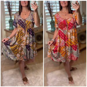 “Free Bird” Boho Patchwork Floral V-Neck Tie Keyhole Short Sleeve Babydoll Chic Dress Navy Blue S/M/L/XL