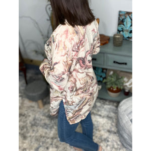 "Wet Paint" Floaty V Neck Textured Jacquard Marble Print Boxy Long Sleeve Split Side Pink
