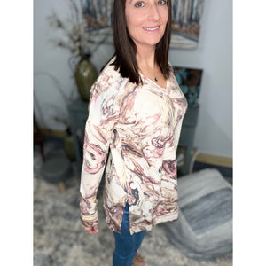 "Wet Paint" Floaty V Neck Textured Jacquard Marble Print Boxy Long Sleeve Split Side Pink