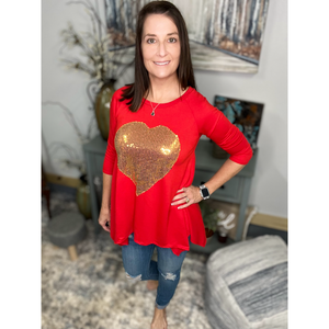 Sequined Gold Heart Valentine's Day Shark Bite 3/4 Sleeve Round Neck Red Small
