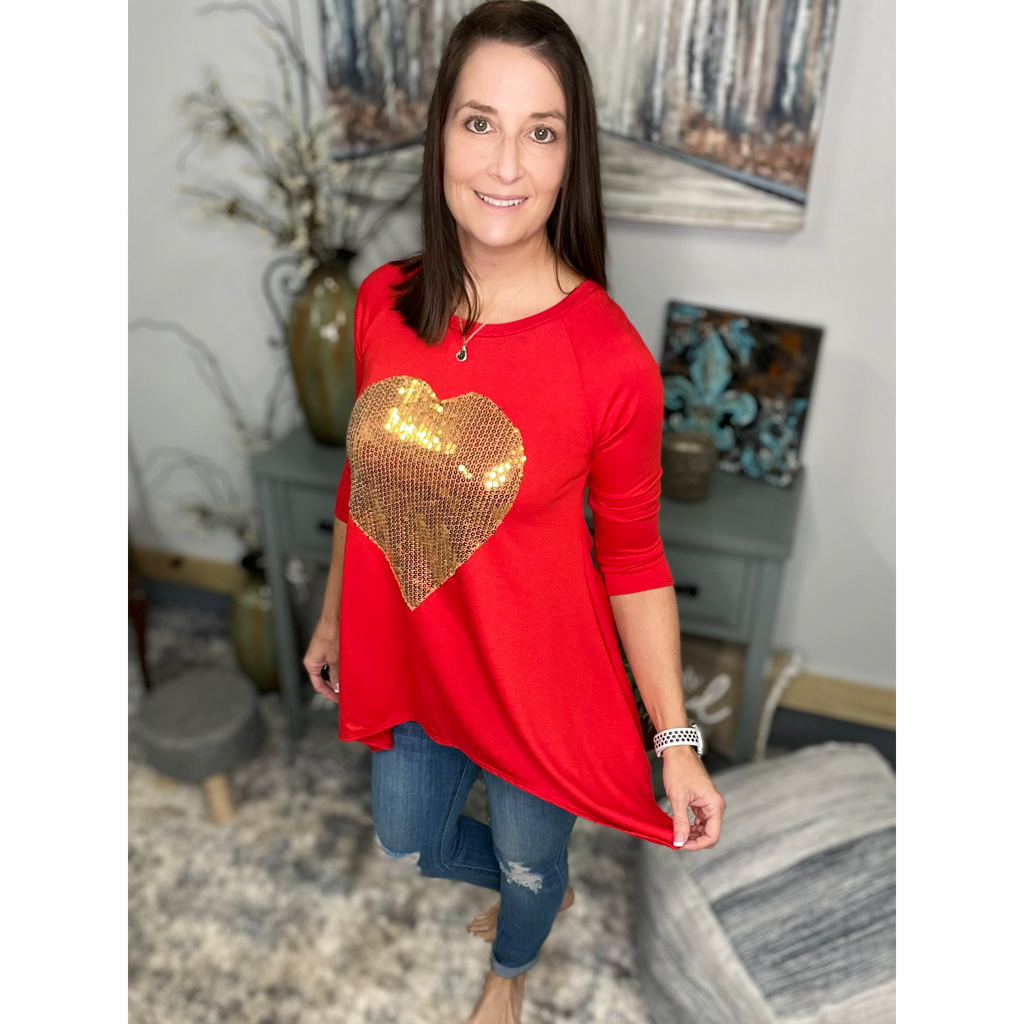 Sequined Gold Heart Valentine's Day Shark Bite 3/4 Sleeve Round Neck Red Small