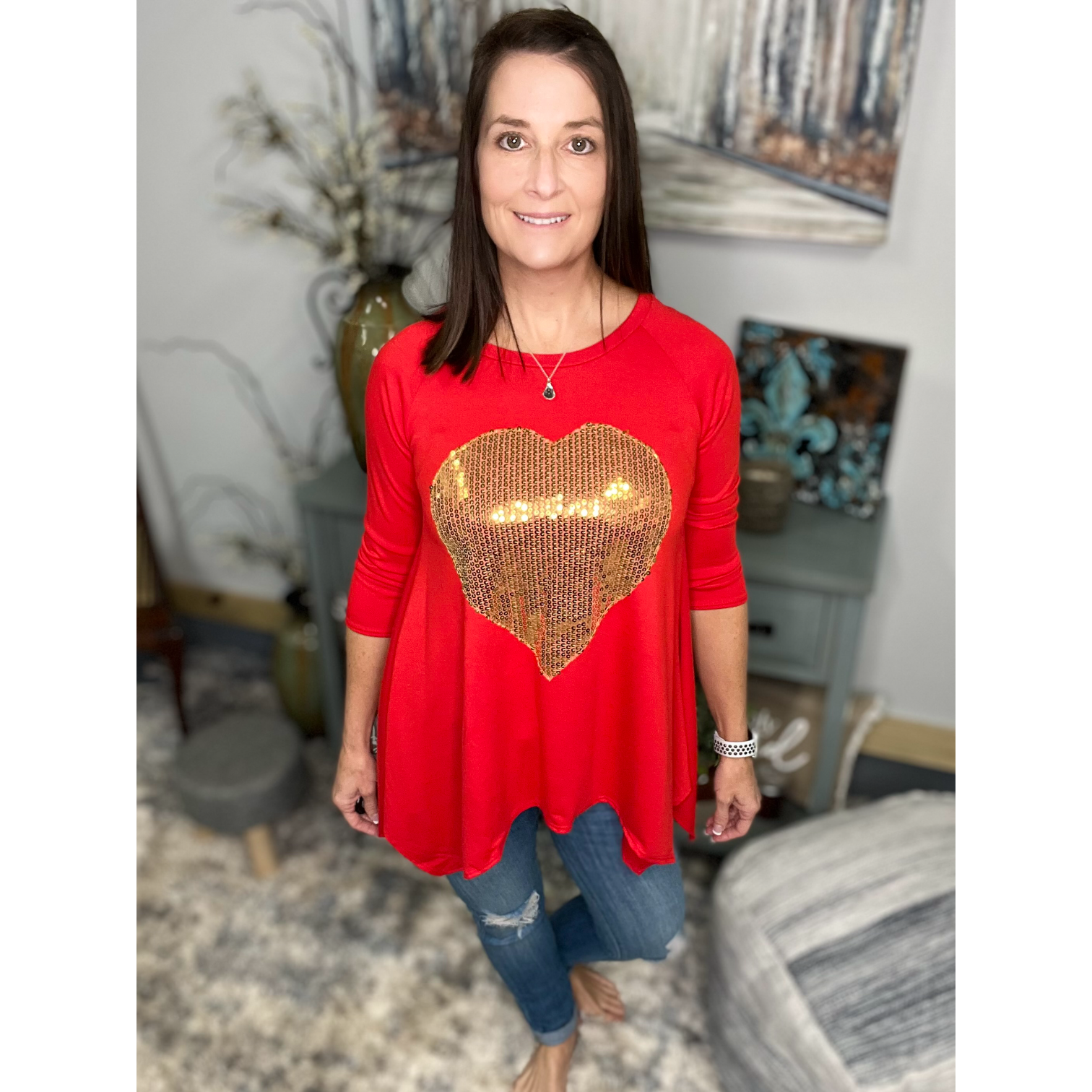 Sequined Gold Heart Valentine's Day Shark Bite 3/4 Sleeve Round Neck Red Small
