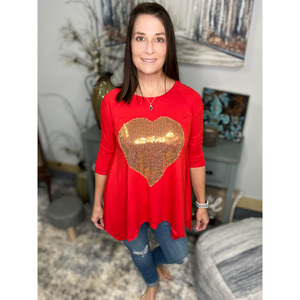 Sequined Gold Heart Valentine's Day Shark Bite 3/4 Sleeve Round Neck Red Small