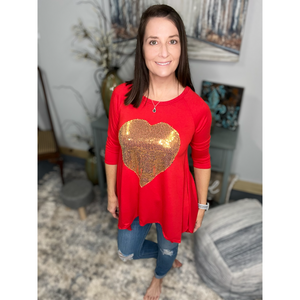 Sequined Gold Heart Valentine's Day Shark Bite 3/4 Sleeve Round Neck Red Small