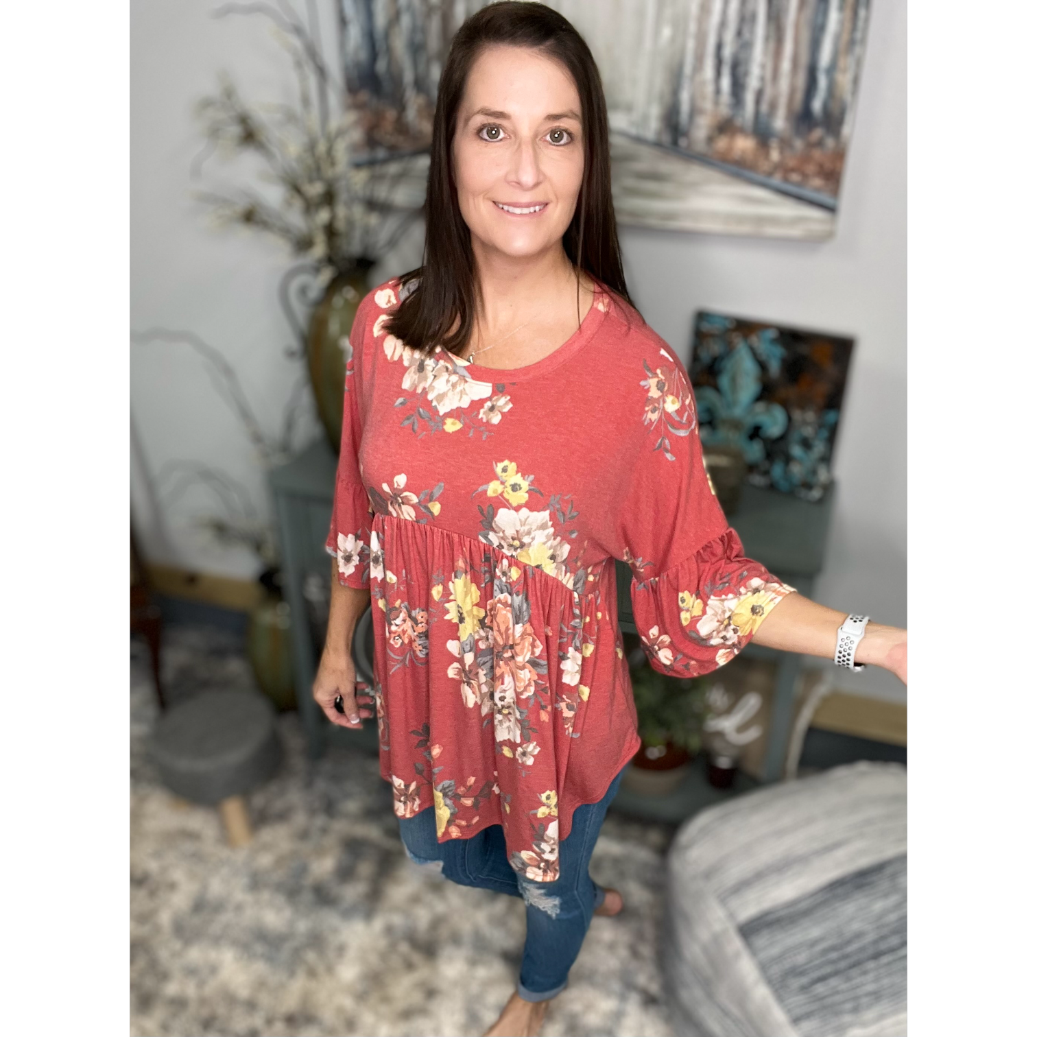 Floral Babydoll Flutter Half Sleeve Round Neck Flowy Bohemian Light Rust