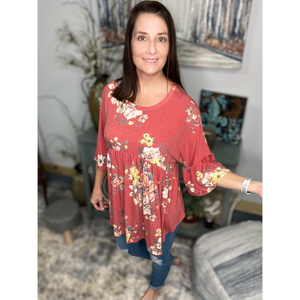Floral Babydoll Flutter Half Sleeve Round Neck Flowy Bohemian Light Rust