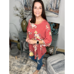 Floral Babydoll Flutter Half Sleeve Round Neck Flowy Bohemian Light Rust