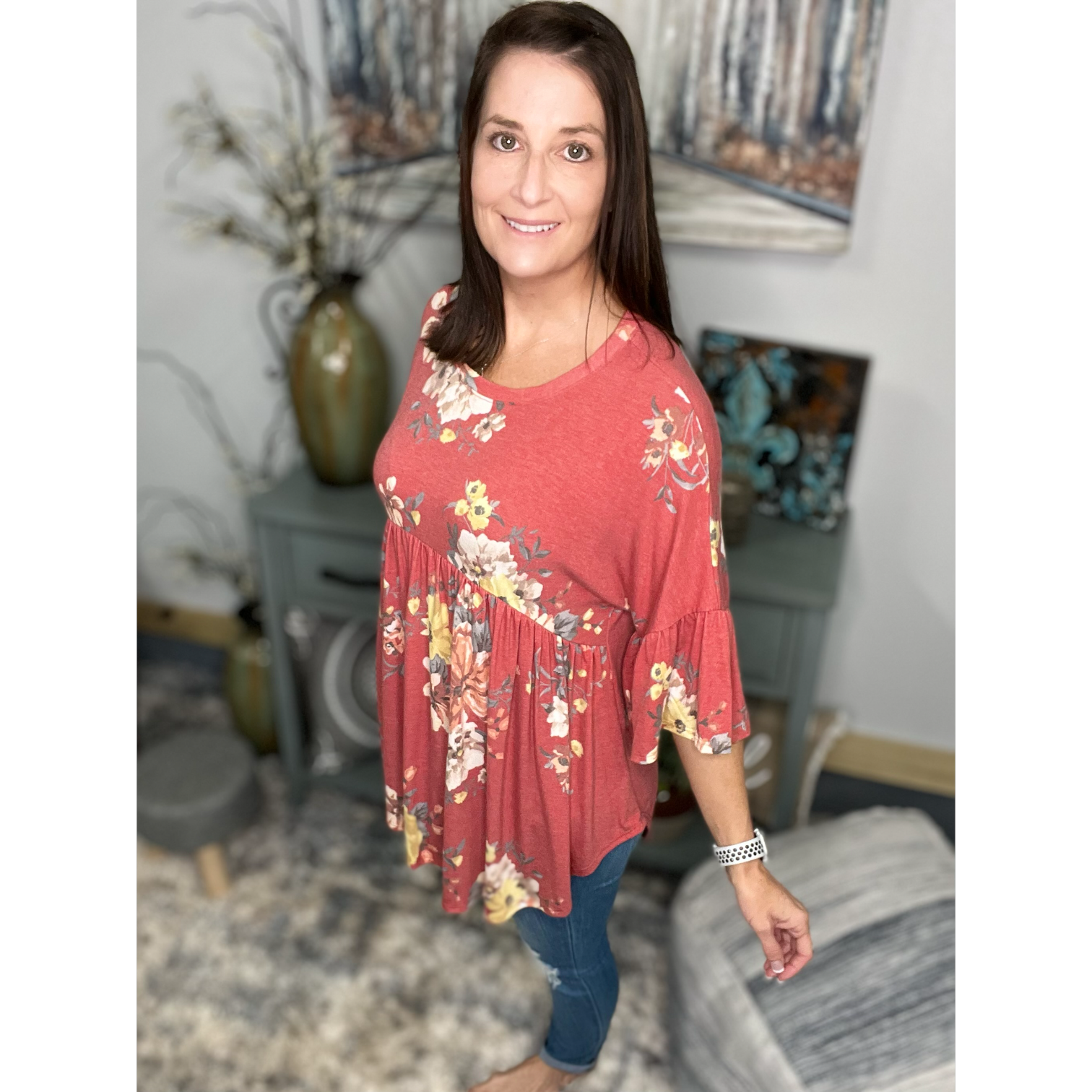 Floral Babydoll Flutter Half Sleeve Round Neck Flowy Bohemian Light Rust