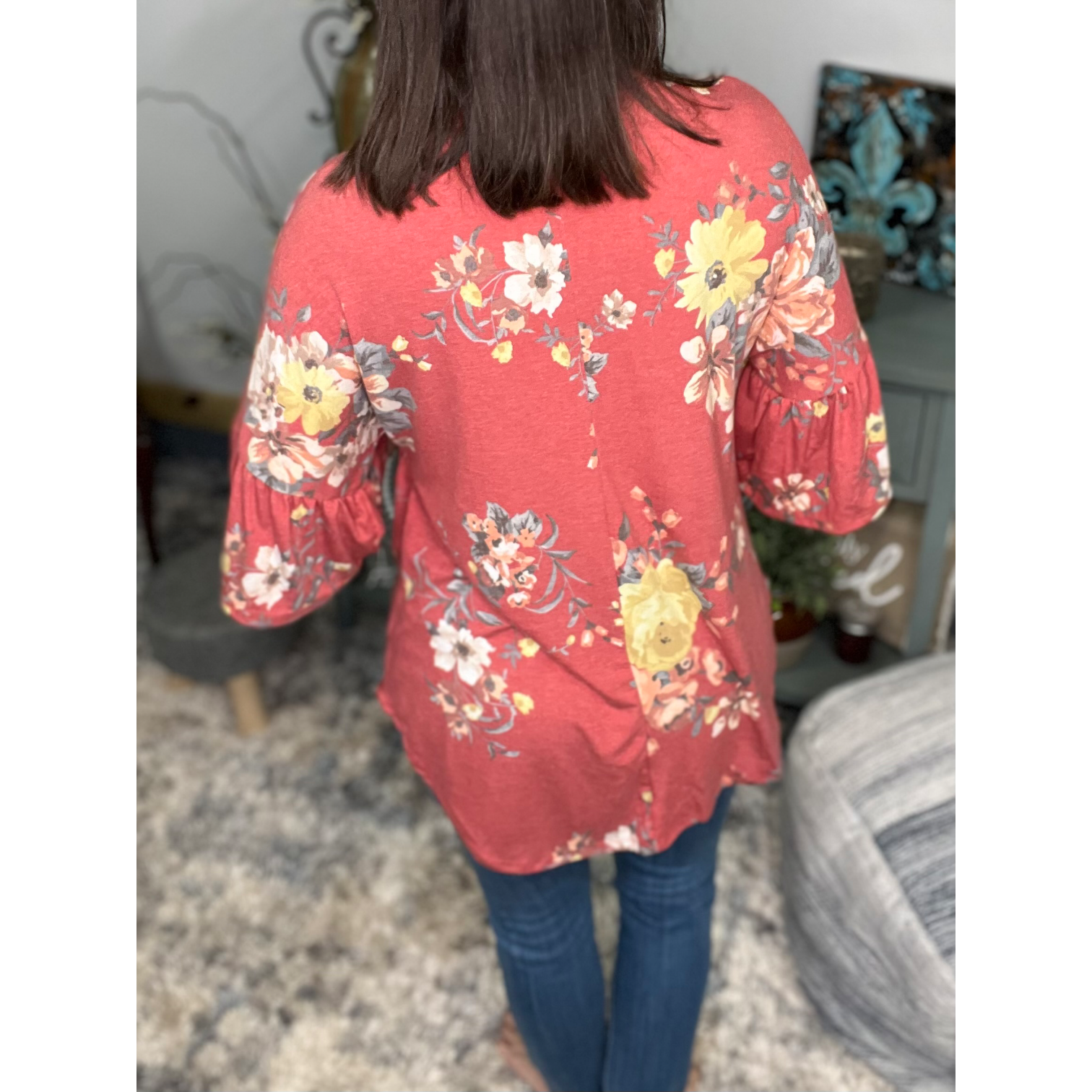 Floral Babydoll Flutter Half Sleeve Round Neck Flowy Bohemian Light Rust