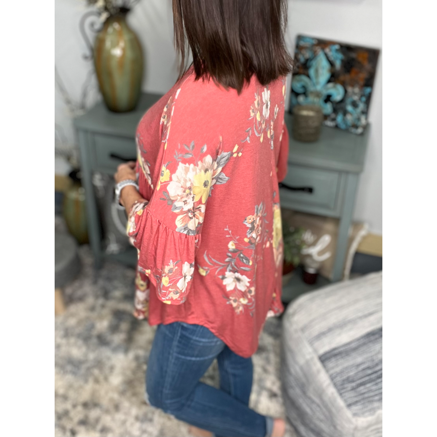 Floral Babydoll Flutter Half Sleeve Round Neck Flowy Bohemian Light Rust