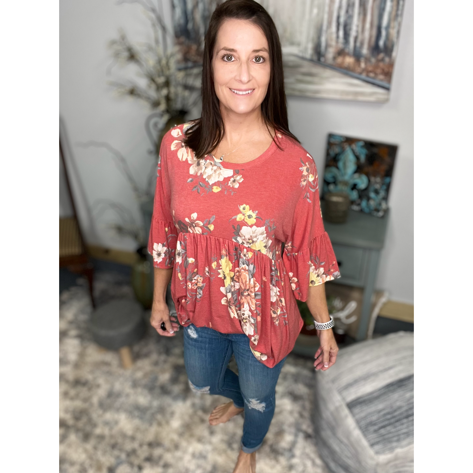 Floral Babydoll Flutter Half Sleeve Round Neck Flowy Bohemian Light Rust
