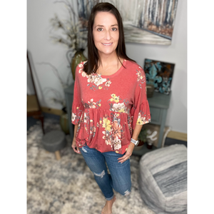 Floral Babydoll Flutter Half Sleeve Round Neck Flowy Bohemian Light Rust