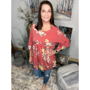 Floral Babydoll Flutter Half Sleeve Round Neck Flowy Bohemian Light Rust