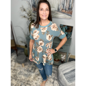 Floral Short Sleeve Round Neck Flowy Bohemian Hi Low Tunic Green Small