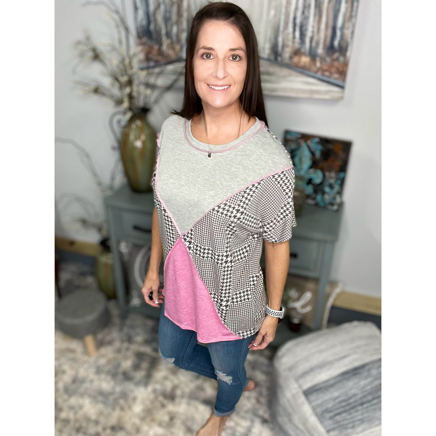 Houndstooth Color Block Contrast Short Sleeve Round Neck Boho Pink Gray Small