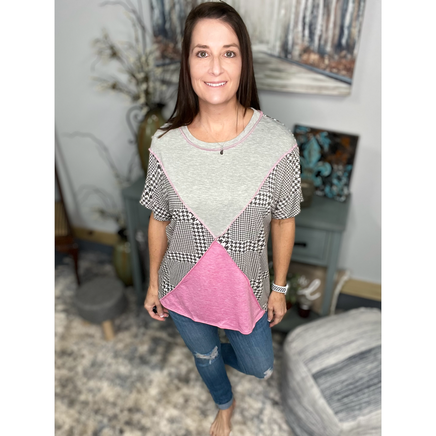 Houndstooth Color Block Contrast Short Sleeve Round Neck Boho Pink Gray Small