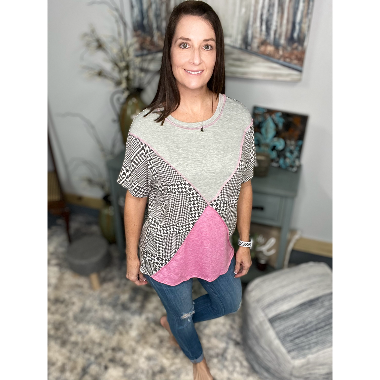 Houndstooth Color Block Contrast Short Sleeve Round Neck Boho Pink Gray Small