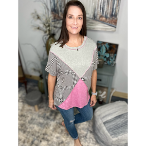 Houndstooth Color Block Contrast Short Sleeve Round Neck Boho Pink Gray Small