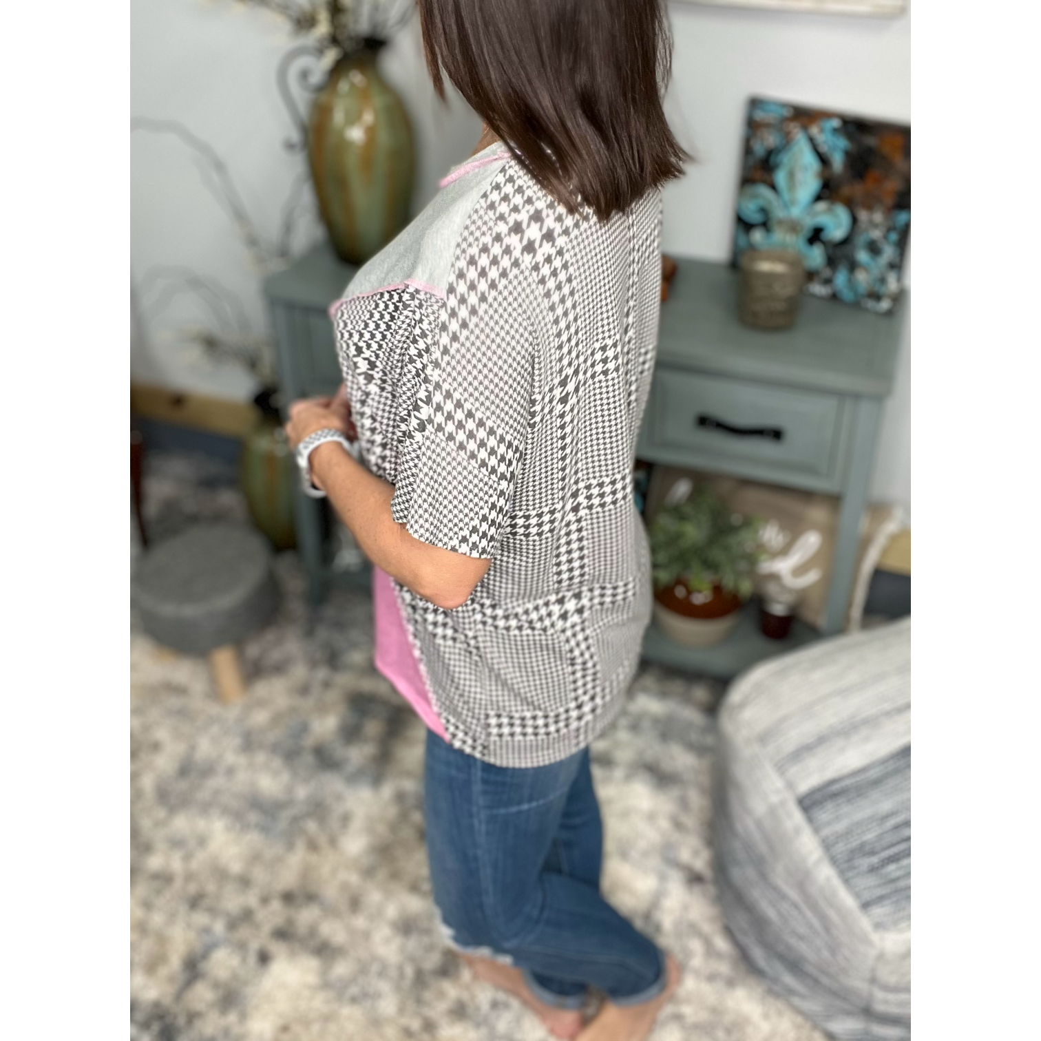 Houndstooth Color Block Contrast Short Sleeve Round Neck Boho Pink Gray Small
