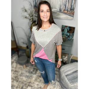 Houndstooth Color Block Contrast Short Sleeve Round Neck Boho Pink Gray Small