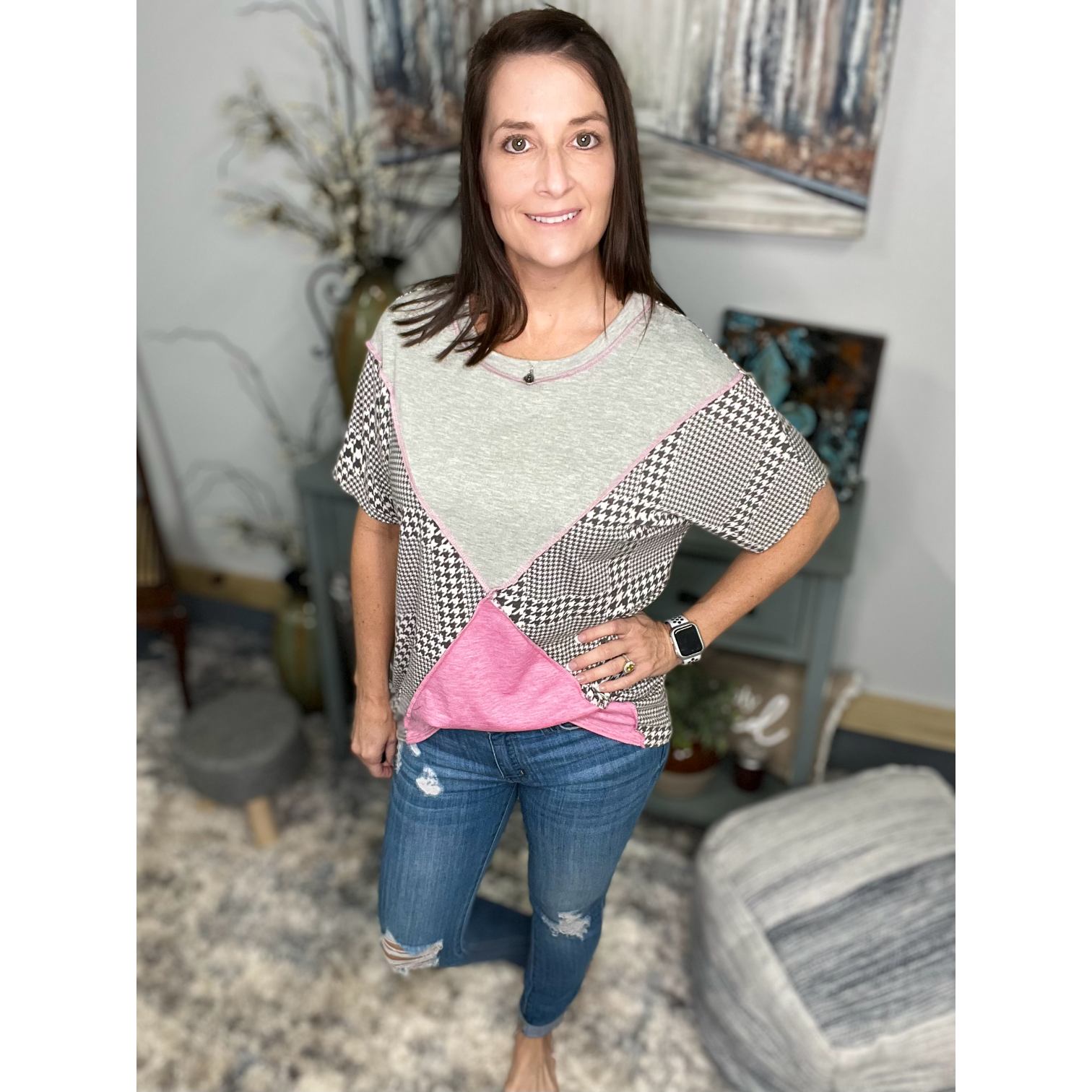 Houndstooth Color Block Contrast Short Sleeve Round Neck Boho Pink Gray Small