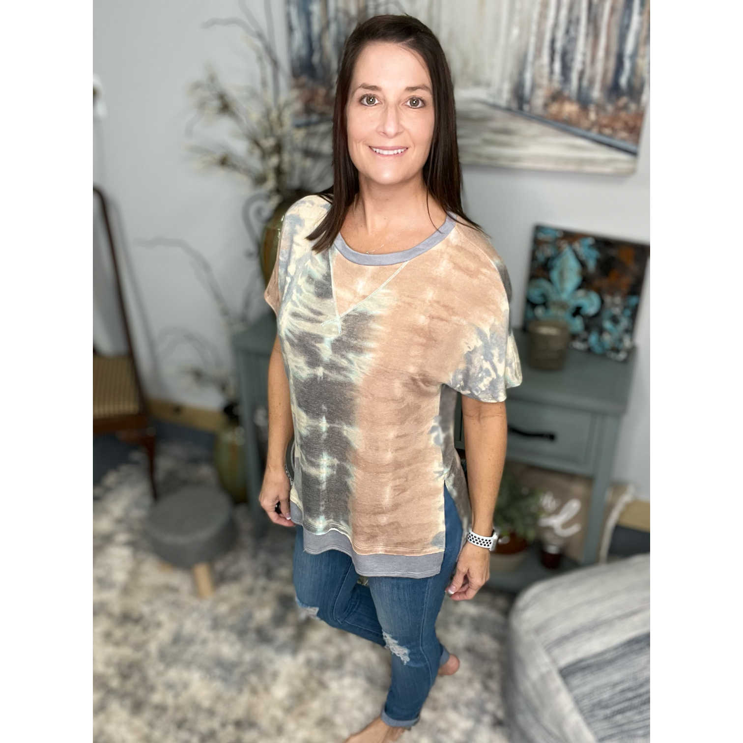 Tie Dye Hi Low Split Side Contrast Short Sleeve Round Neck Boho Peach Gray Small