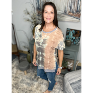 Tie Dye Hi Low Split Side Contrast Short Sleeve Round Neck Boho Peach Gray Small