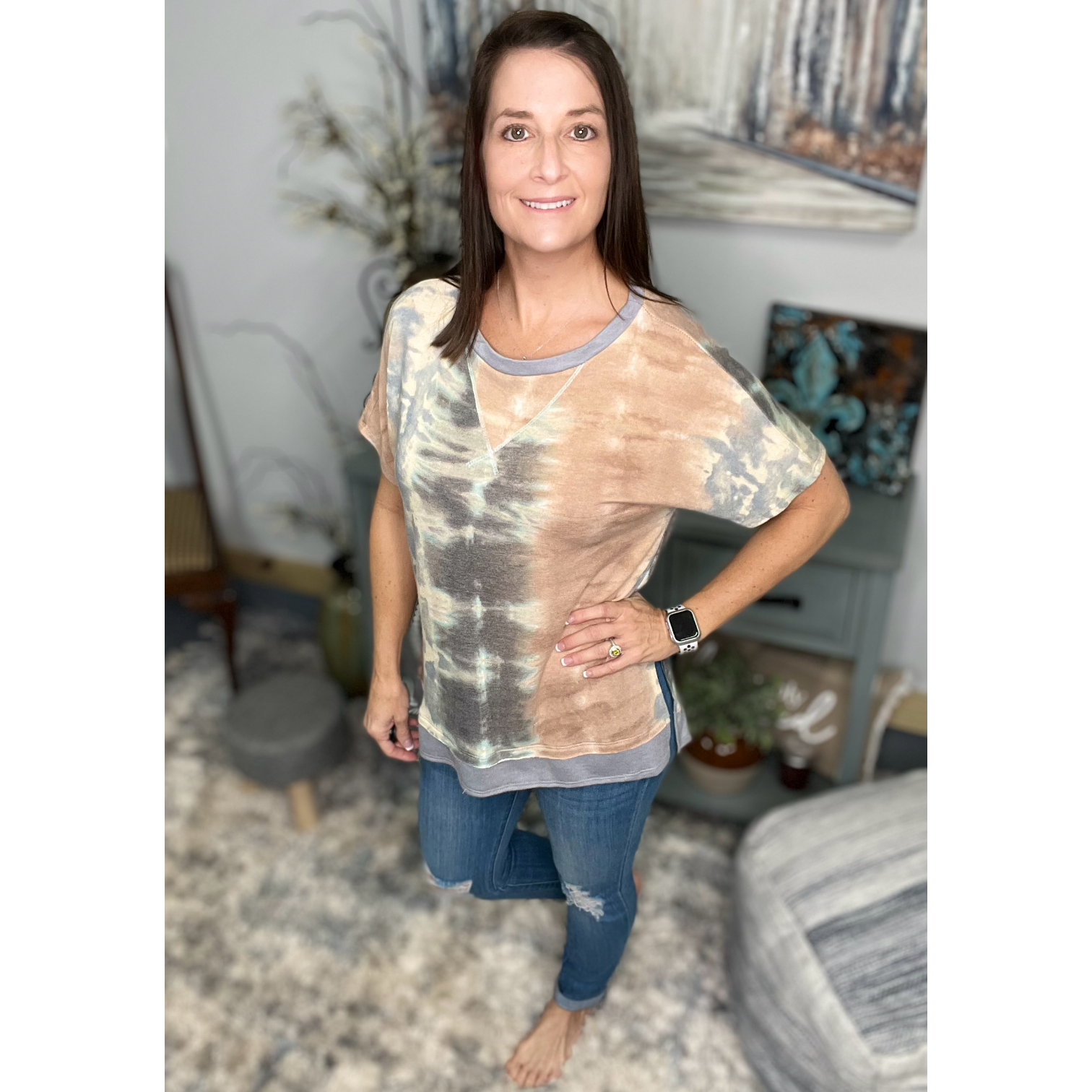 Tie Dye Hi Low Split Side Contrast Short Sleeve Round Neck Boho Peach Gray Small