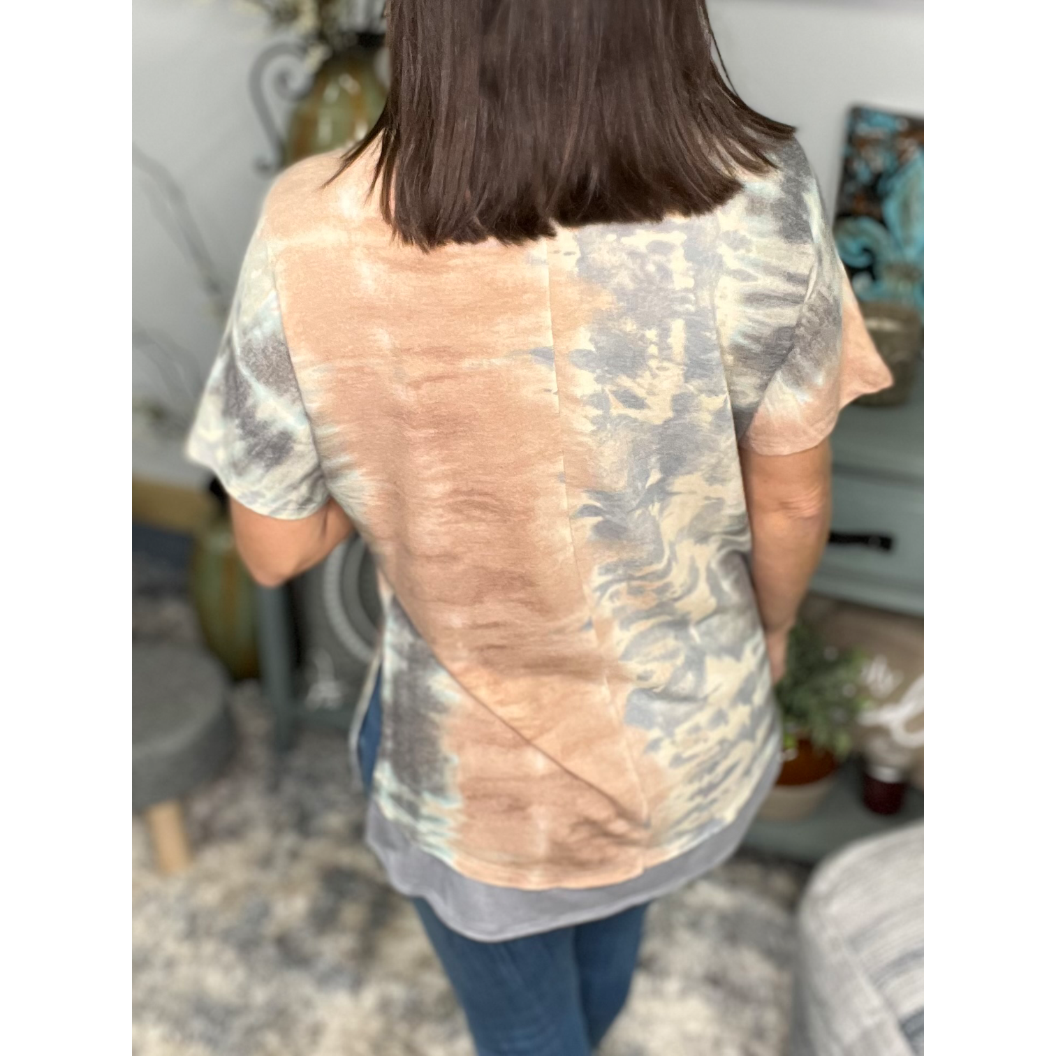Tie Dye Hi Low Split Side Contrast Short Sleeve Round Neck Boho Peach Gray Small