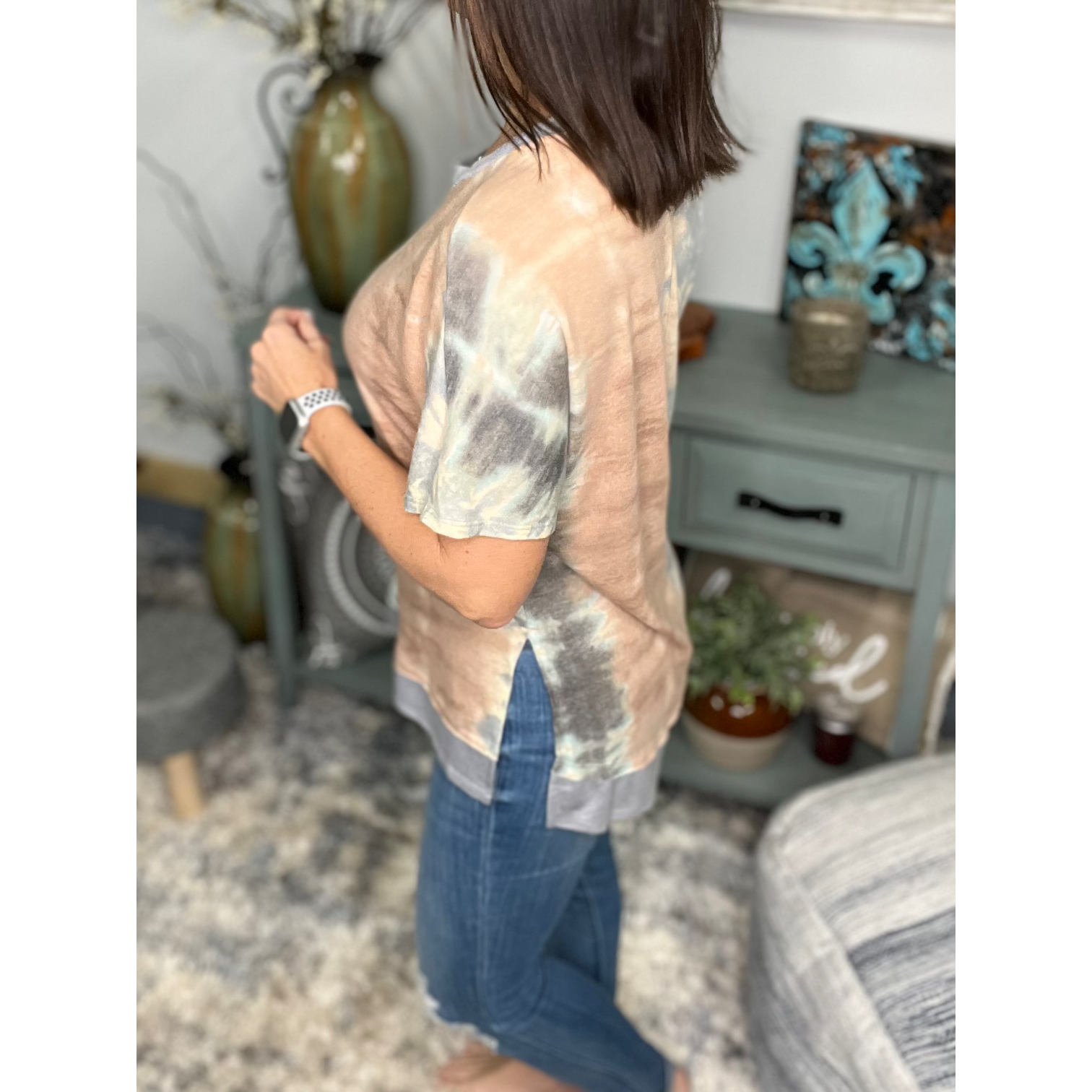 Tie Dye Hi Low Split Side Contrast Short Sleeve Round Neck Boho Peach Gray Small