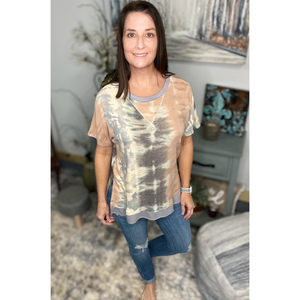 Tie Dye Hi Low Split Side Contrast Short Sleeve Round Neck Boho Peach Gray Small