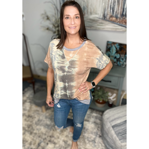 Tie Dye Hi Low Split Side Contrast Short Sleeve Round Neck Boho Peach Gray Small