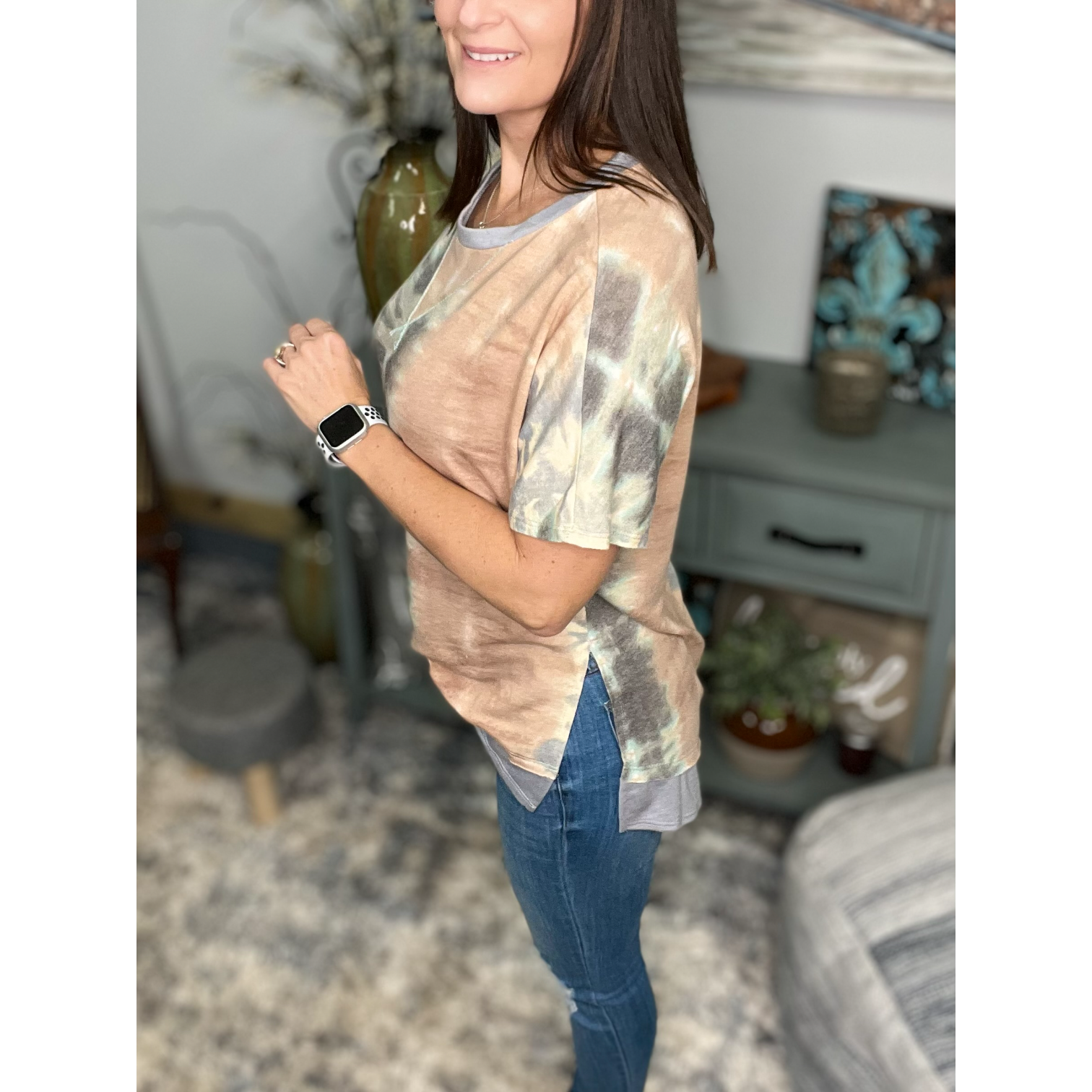 Tie Dye Hi Low Split Side Contrast Short Sleeve Round Neck Boho Peach Gray Small