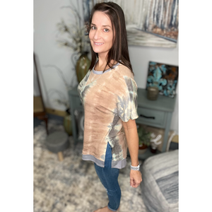 Tie Dye Hi Low Split Side Contrast Short Sleeve Round Neck Boho Peach Gray Small