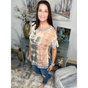 Tie Dye Hi Low Split Side Contrast Short Sleeve Round Neck Boho Peach Gray Small