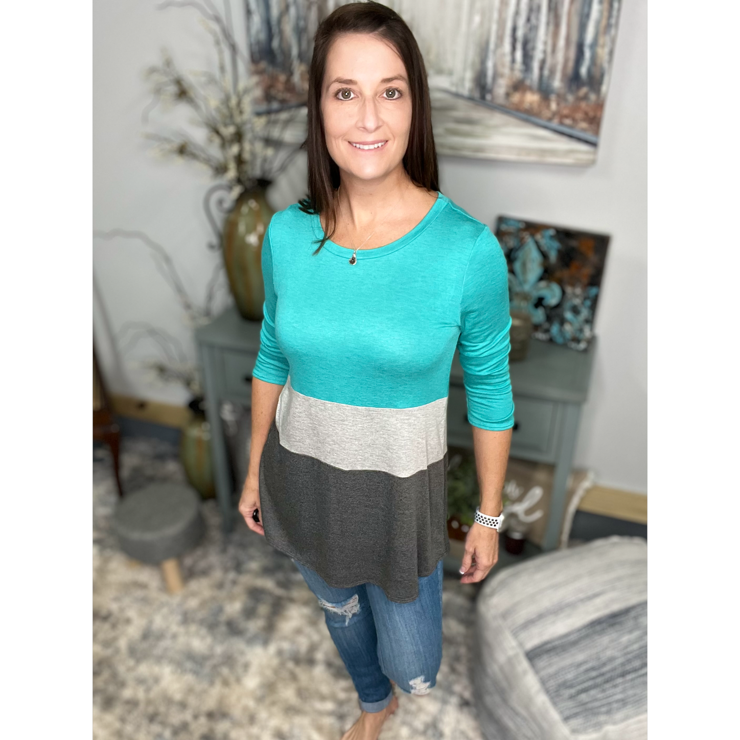 Color Block Contrast A Line Floaty 3/4 Sleeve Round Neck Tunic Green Gray Small