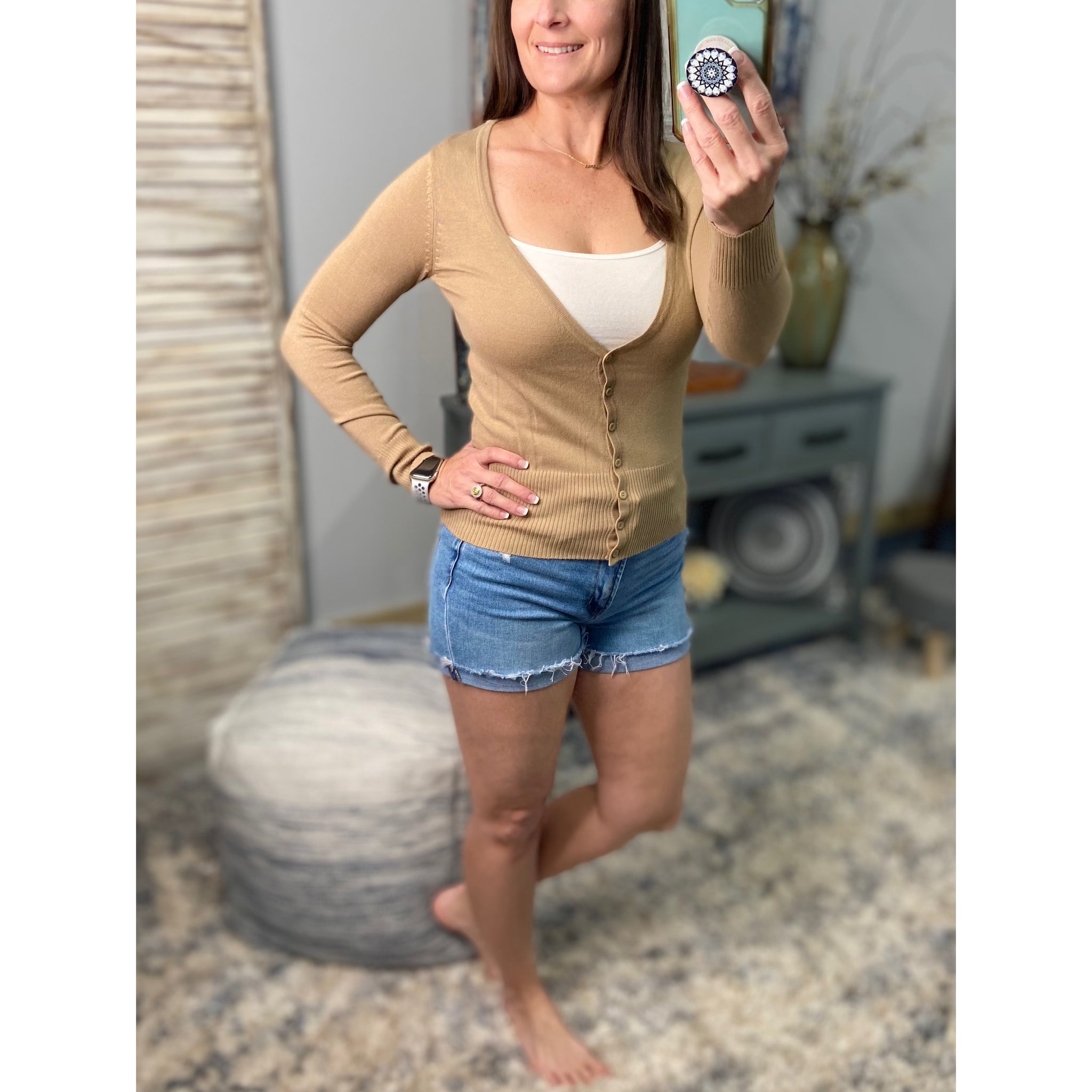 Sexy Preppy Cropped Cleavage Button Up Cardigan Long Sleeve Sweater Khaki Tan