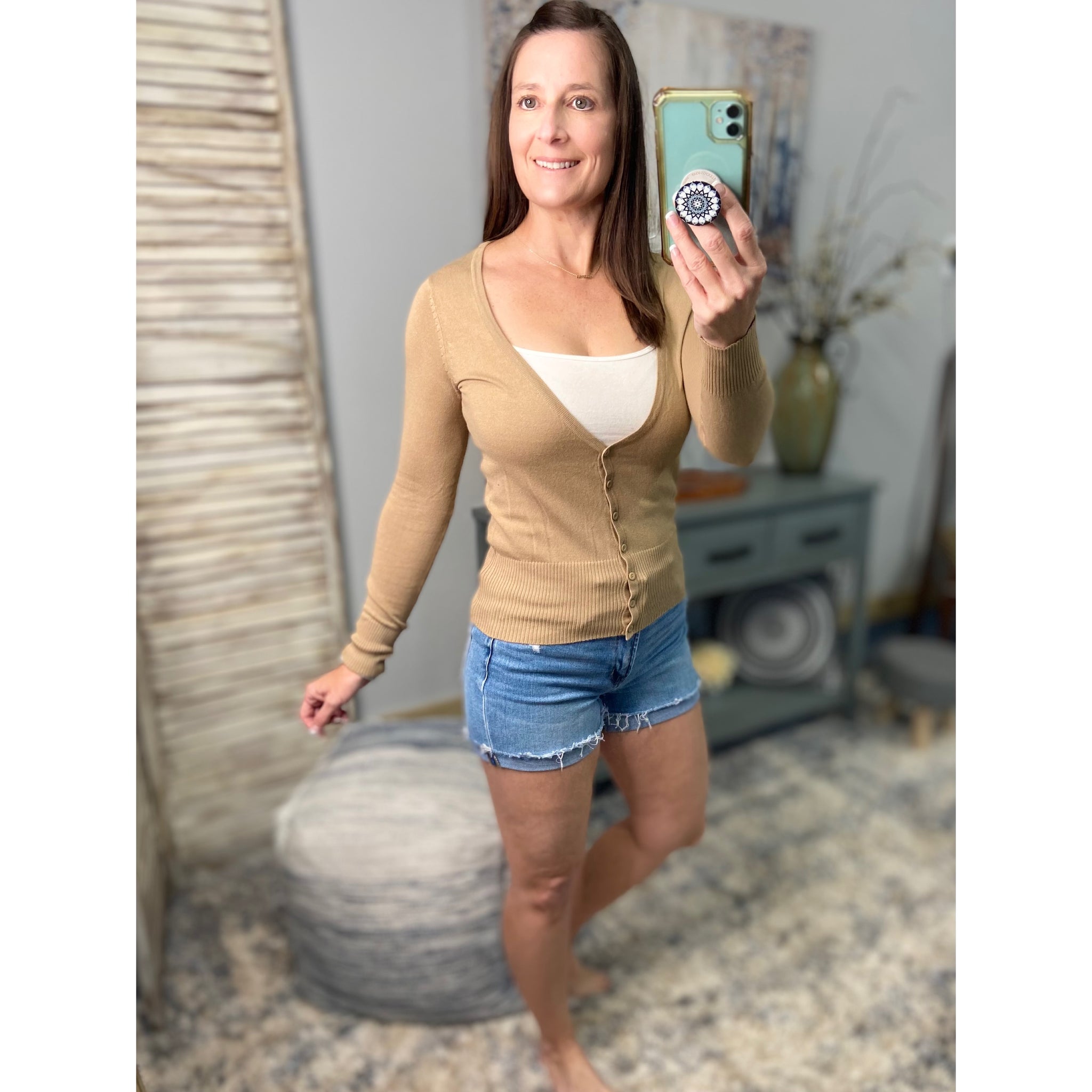 Sexy Preppy Cropped Cleavage Button Up Cardigan Long Sleeve Sweater Khaki Tan
